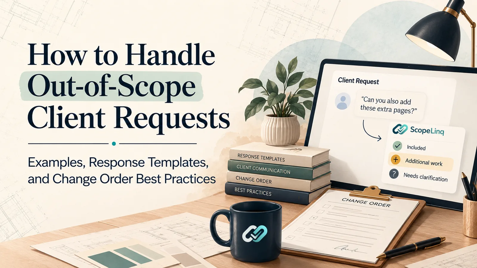 A client asks "Can you also add these extra pages?" and the request is checked against the agreed scope: Included, Additional work, or Needs clarification.
