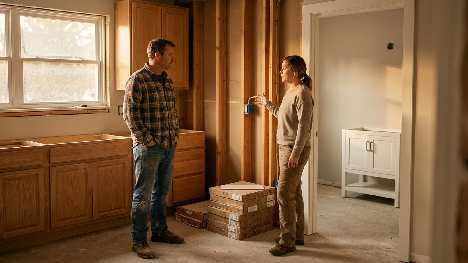 A contractor and a homeowner talking in a half-finished kitchen doorway, neither holding paperwork
