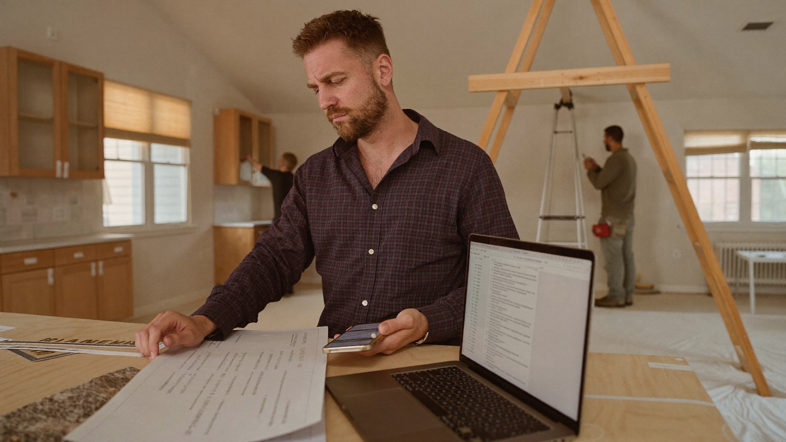 A designer at a desk surrounded by four screens — email, project software, spec sheets, and text messages — each holding a different piece of the project.